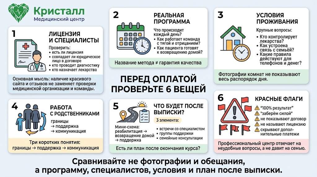 Инфографика: перед оплатой проверьте 6 вещей при выборе центра реабилитации — лицензия и специалисты, программа, условия проживания, работа с родственниками, план после выписки и красные флаги.